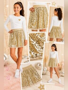 Cat & Jack Girls Gold Sequin Pull-On Mini Skirt | Holiday Party Sparkle| Size 12